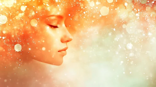 Dreamy female profile with abstract orange light effects, digital art.
