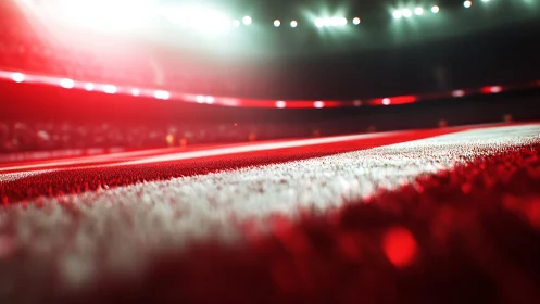 Macro stadium turf stripe under intense red floodlighting