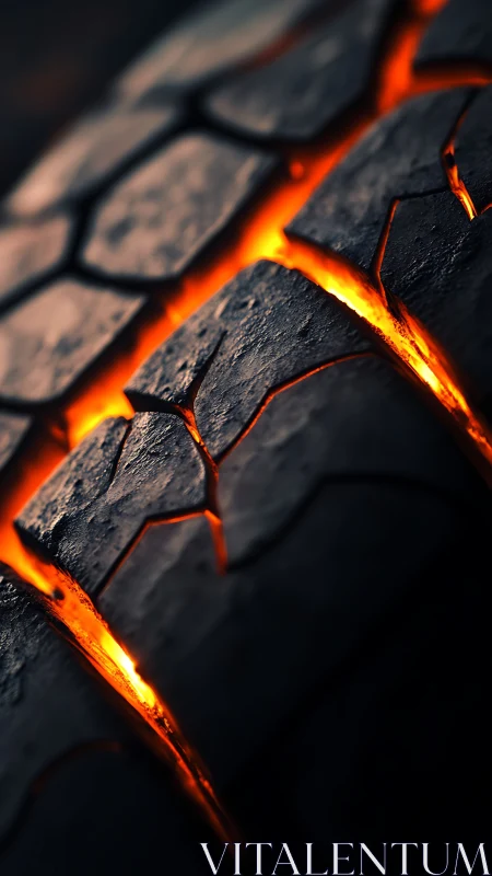 Macro view of heated tire tread with glowing lava-like grooves