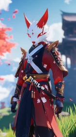 Anthropomorphic fox samurai in stylized armor under sakura sky