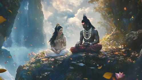 Divine couple meditating beside luminous mountain waterfall.