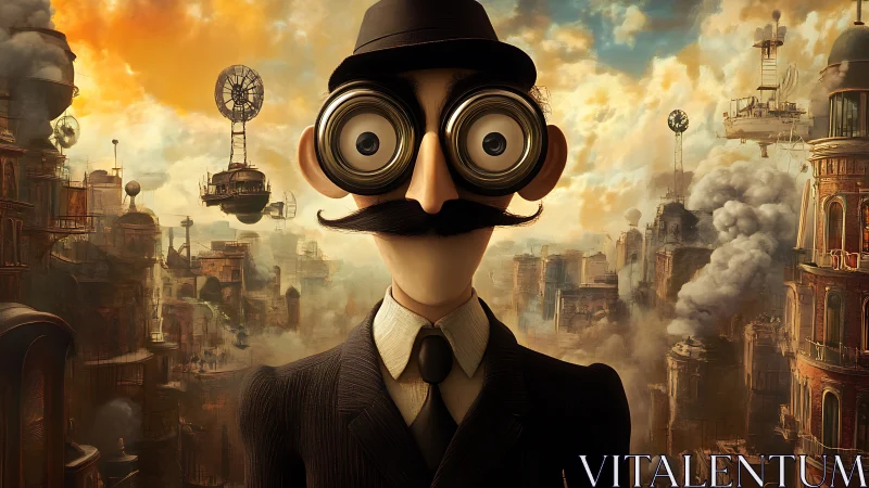 Curious steampunk gentleman gazes across a dreamlike cityscape