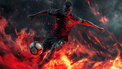 Soccer player in mid-stride surrounded by stylized flames.