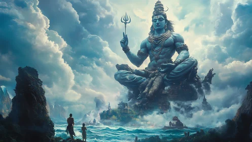 Mythic deity colossus in atmospheric seascape digital painting.