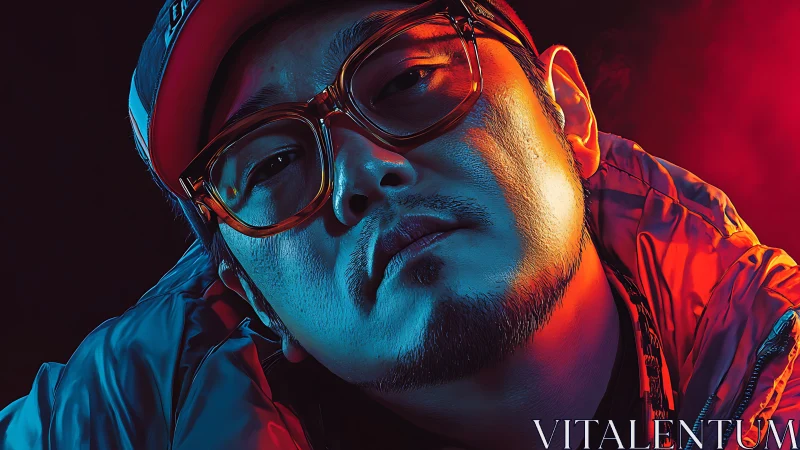 Neon rim-lit portrait isolates urban subject in cyberpunk glow