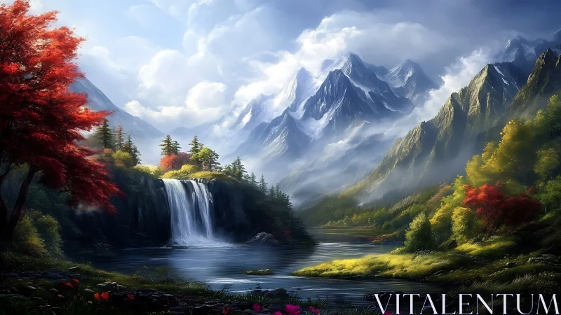 Mountain valley landscape shows waterfall, river, and clouds