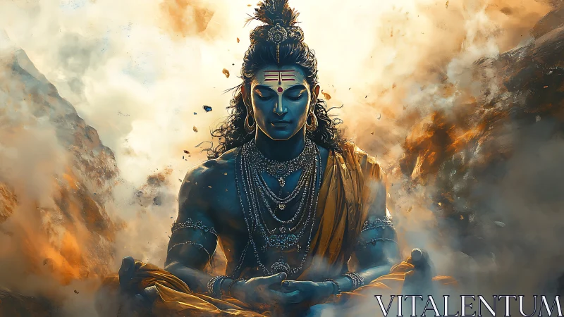 Blue-skinned meditating figure centered in dramatic smoky scene