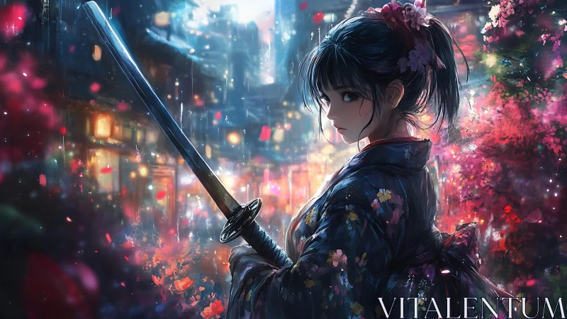 Samurai girl holds drawn katana in neon lit night alley