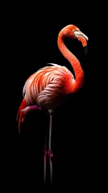 Solitary flamingo in profile on deep black background.