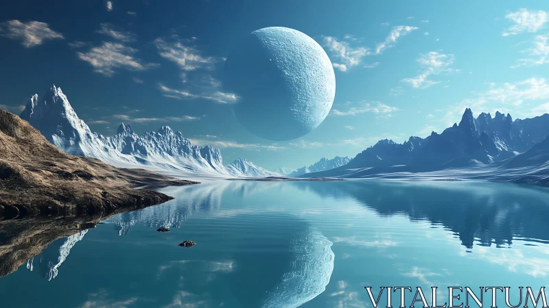 Glacial exoplanet bay under looming frozen moon reflection.