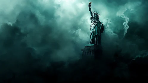 Statue of Liberty rising through dense teal storm clouds