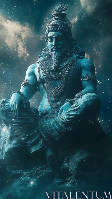 Mythic cosmic deity sculpture in ethereal 3D rendering.