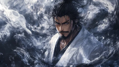 Samurai figure stands amid swirling monochrome energy forms