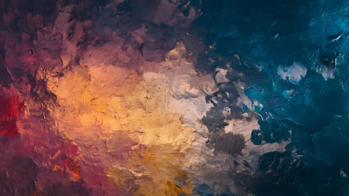 Abstract textured oil painting in warm and cool tones.