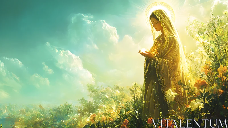 Luminous robed figure in floral field under radiant haloed sky.