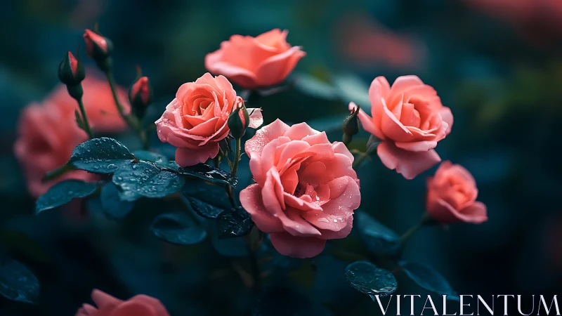 Coral Roses Blooming in Twilight Elegance.