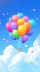 Colorful Hot Air Balloons Rising Through Clouds and Stars.