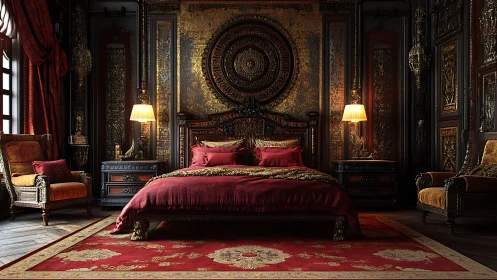 Ornate bedroom interior with carved wood and red textiles.
