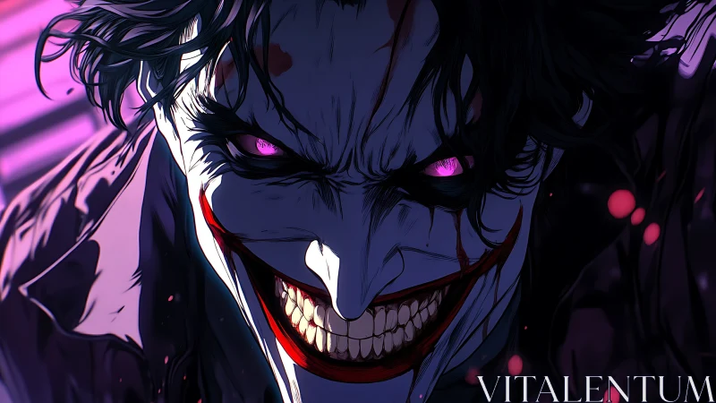 Sinister grinning villain with glowing violet eyes.