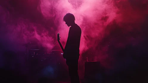 Silhouetted guitarist stands in neon magenta stage haze.
