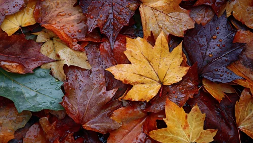 High-saturation macro study of wet autumn maple leaves in layers