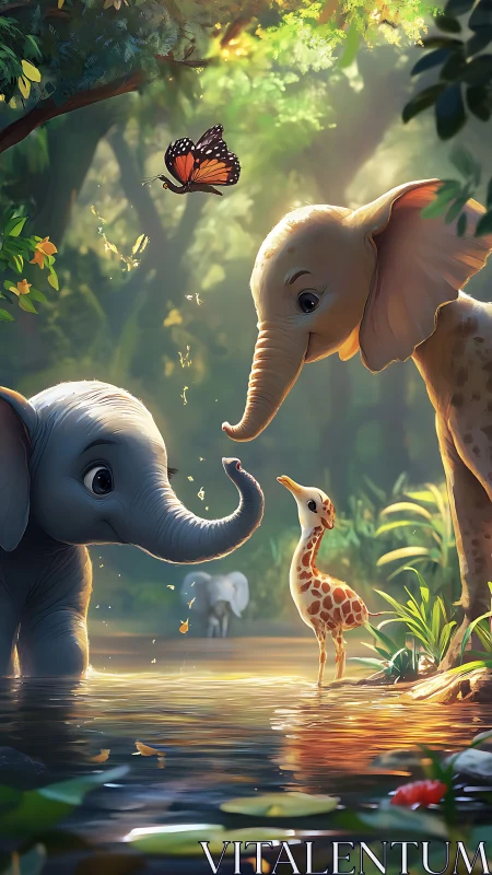 Young elephants and giraffe calf at forest water scene.