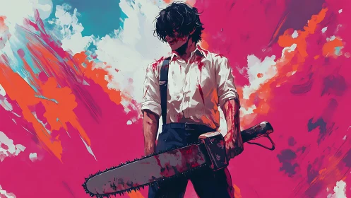 Brooding chainsaw wielder amid bold electric skies.