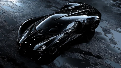 Futuristic black sports car render shows wet reflective surface