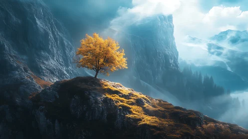 Lone golden tree crowns a mist-drenched mountain sanctuary.