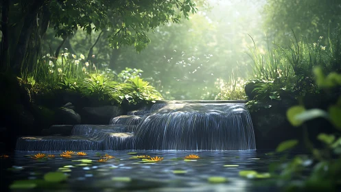 Digital painting of tranquil woodland cascade composition.