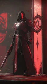 Mysterious hooded guardian bathed in dramatic red light.