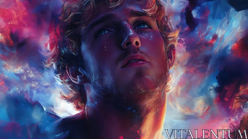 Starlit portrait captures pensive man amid cosmic nebula glow.