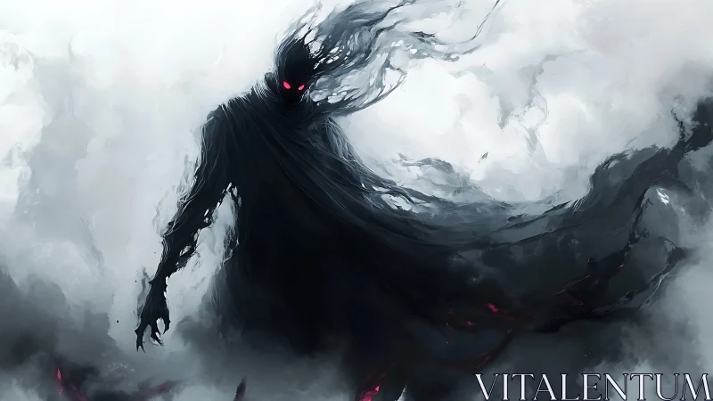 Dark humanoid silhouette stands in swirling monochrome mist