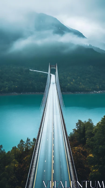 Suspension roadway slicing turquoise fjord beneath misted massif.