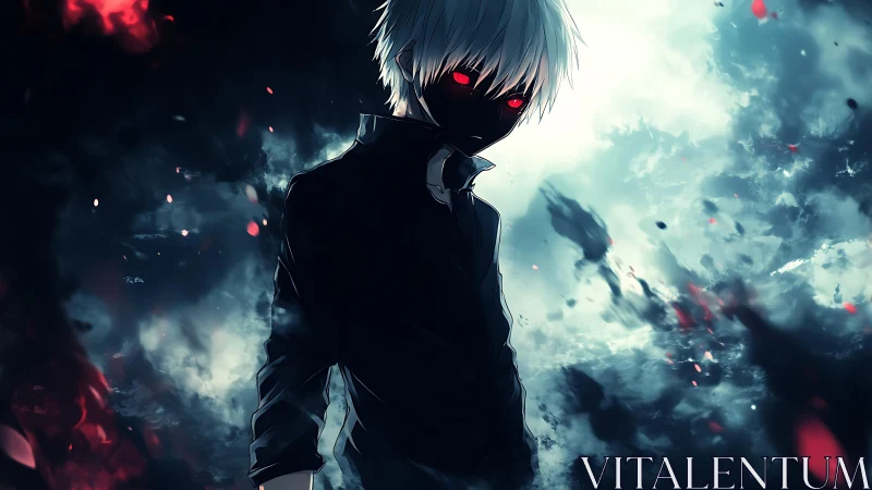 Pale haired anime figure with red eyes in smoky backlit storm