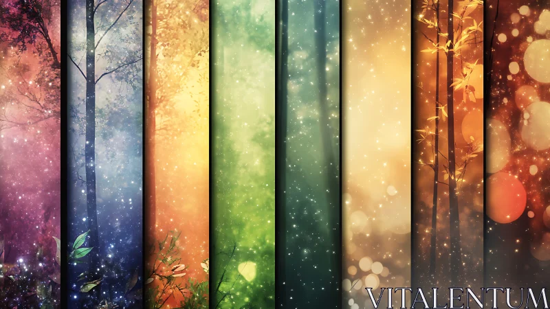 Digital painting forest panels with prismatic seasonal glow.