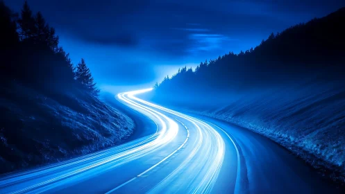 Curved mountain highway glows with blue light trails at night