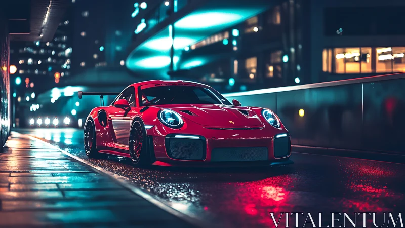 Crimson street racer hums beneath neon-soaked midnight towers