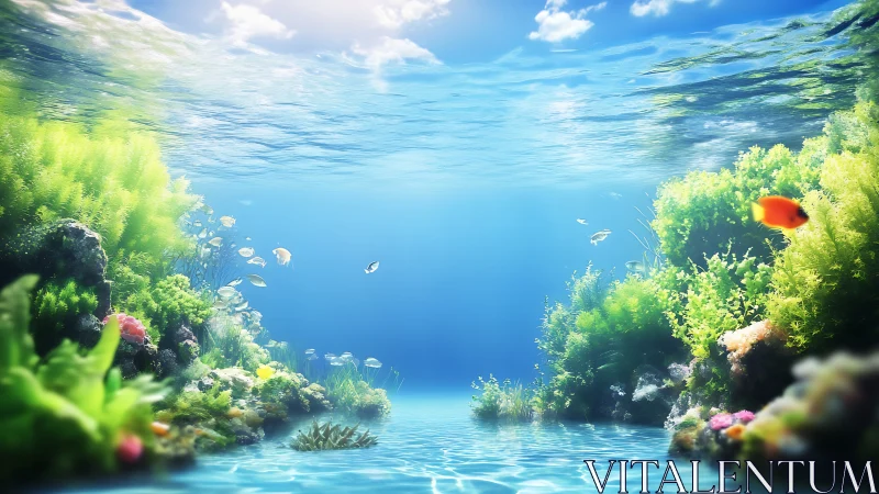 Sunlit coral canyon where shoals of tropical color wander.