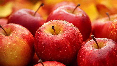 Glowing red apples glisten with dewdrops under warm light