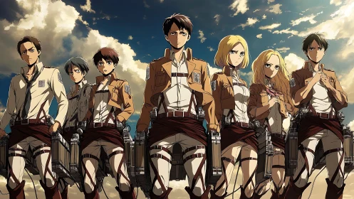 Squadron of anime cadets with maneuver gear under storm clouds