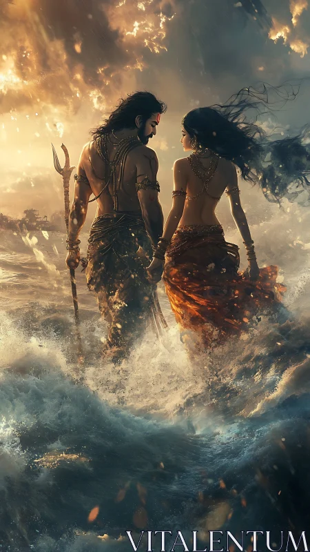 Warrior couple strides through storm sea under burning sky