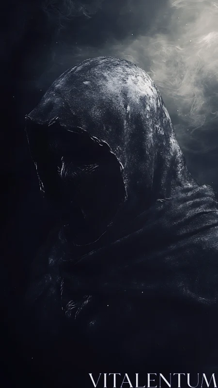 Shrouded hooded figure emerges from swirling shadowed mist.