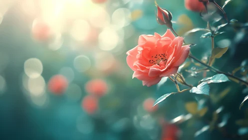 Coral Rose in Bloom Against Soft Teal Bokeh Garden Backdrop.