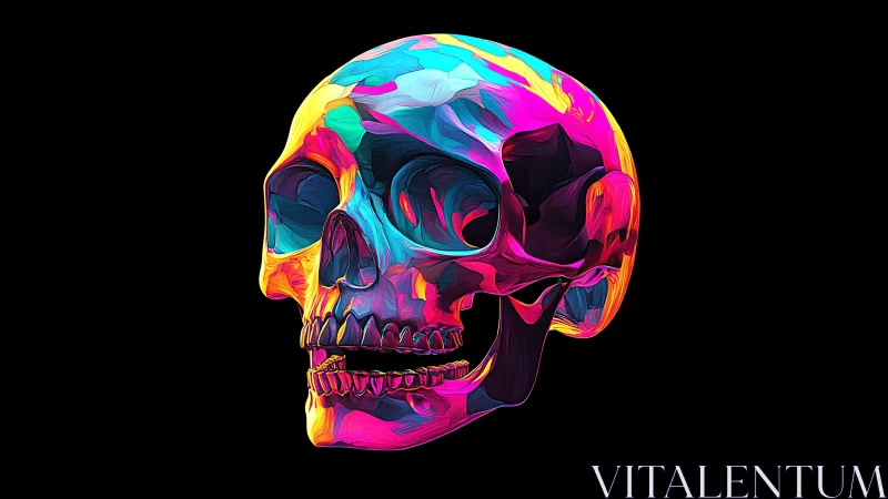 Neon chromatic skull glows against deep black void.