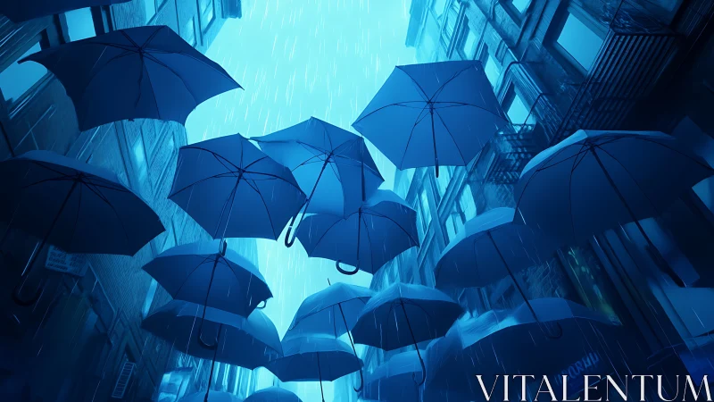 Floating blue umbrellas drift through a rainy city canyon.