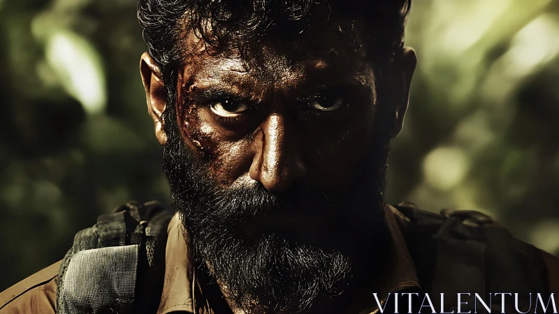 Battle-scarred gaze burns through jungle-bathed shadows.