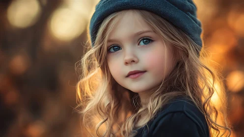 Young Girl with Blue Beanie in Golden Light.