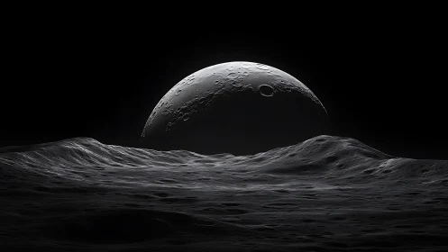 Lunar horizon render with cratered limb and high-contrast lighting.