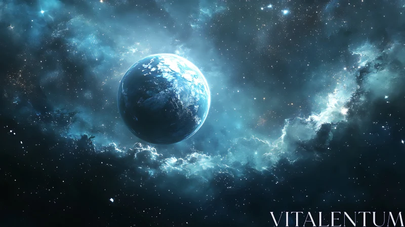 Blue planet drifts through a silver storm of newborn stars